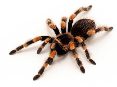 Rengarenk Meksikalı dişi orangeknee tarantula (Brachypelma hamorii). 3 / 4 görüntü. Beyazda izole edilmiş