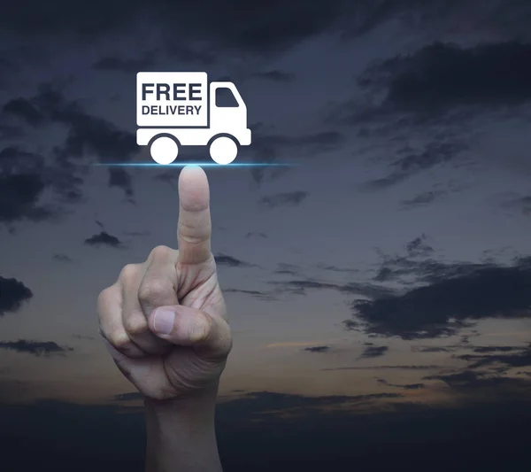 Hand Drücken Kostenlose Lieferung Lkw Symbol Über Sonnenuntergang Himmel Business — Stockfoto