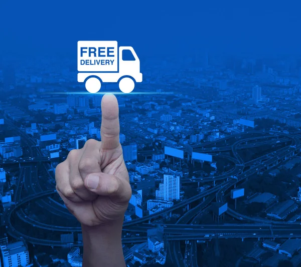 Hand Pressing Free Delivery Truck Icon Modern City Tower Street — Stock Photo, Image