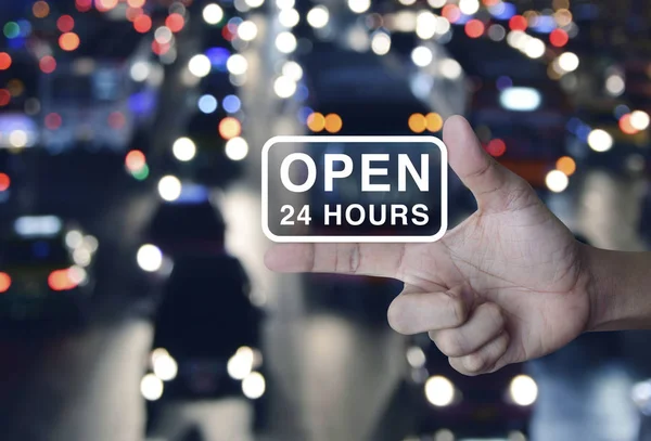 Open Hours Icon Finger Blurred Colourful Night Light City Cars — Stock Photo, Image