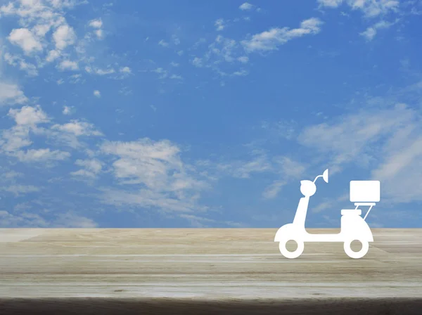Icono Moto Mesa Madera Sobre Cielo Azul Con Nubes Blancas —  Fotos de Stock