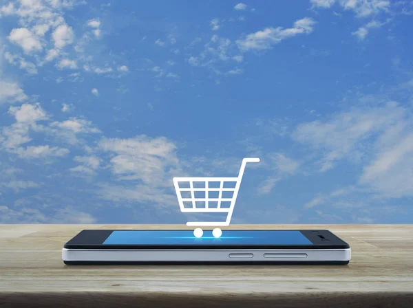 Shop Cart Icon Modern Smart Phone Screen Wooden Table Blue — Stock Photo, Image