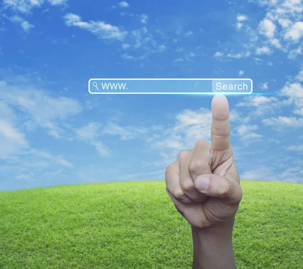 Hand Pressing Search Www Button Green Grass Field Blue Sky — Stock Photo, Image