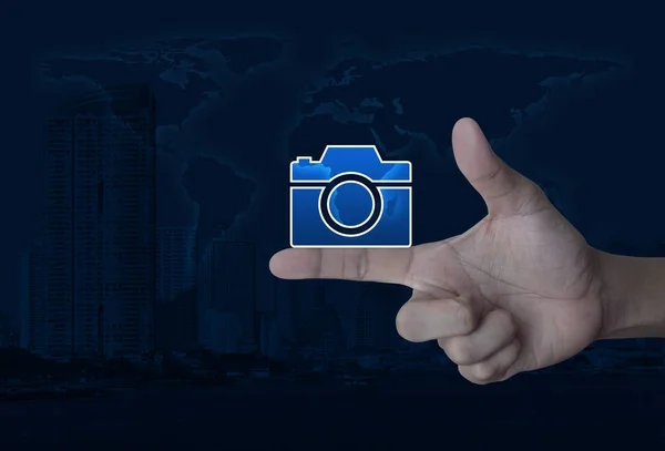 Camera Flat Icon Finger World Map Modern City Tower Business — Foto Stock