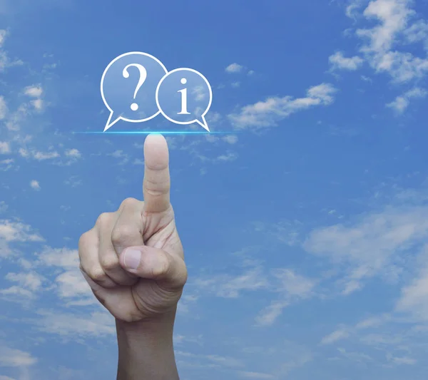 Hand Pressing Question Mark Information Chat Icon Blue Sky White — Stock Photo, Image