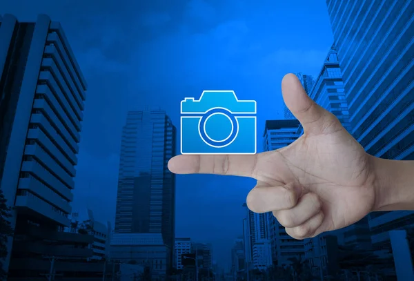 Macchina Fotografica Icona Piatta Sul Dito Sopra Moderna Torre Della — Foto Stock