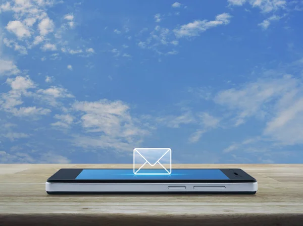 Ícone Plano Mail Tela Telefone Móvel Inteligente Moderno Mesa Madeira — Fotografia de Stock
