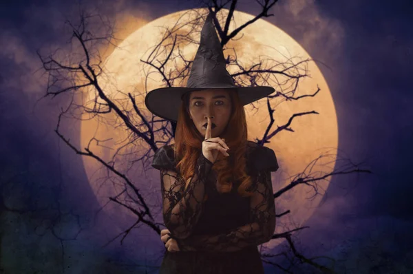 Halloween Witch Showing Silence Sign Finger Lips Standing Dead Tree — Stock Photo, Image