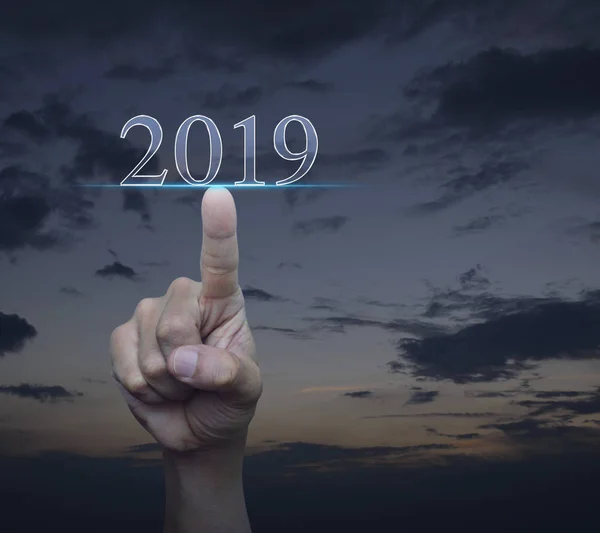Hand Pressing 2019 Glossy Text Sunset Sky Happy New Year — Stock Photo, Image