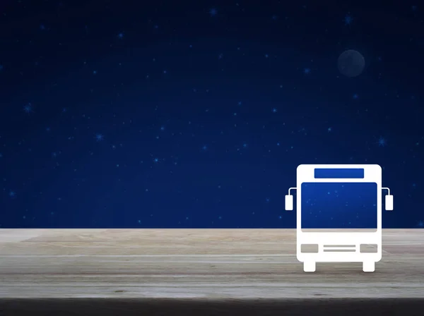 Płaskie Ikonę Autobusu Drewnianym Stole Nad Fantasy Nocne Niebo Księżyc — Zdjęcie stockowe