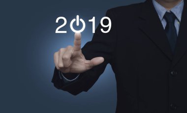 İş düz simgesi 2019 başlangıç degrade açık mavi renkli, iş mutlu yeni yıl kapak konsepti üzerine basarak işadamı