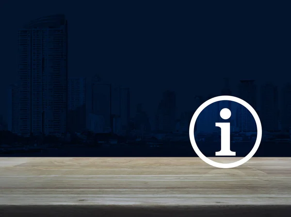 Information Sign Icon Wooden Table Modern Office City Tower Skyscraper — Stock Photo, Image