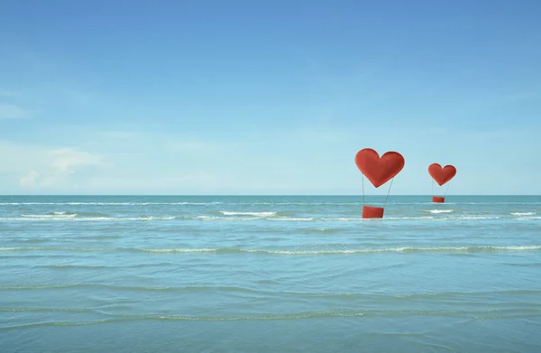 Red Fabric Heart Love Air Balloon Tropical Sea Blue Sky — Stock Photo, Image