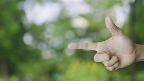 Sicherheitsschild Mit Häkchen Symbol Auf Dem Finger Über Verschwommenem Grünen — Stockvideo