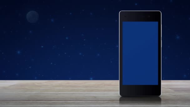 锤子和扳手与房子平面图标在现代智能手机屏幕上的木桌上幻想夜空和月亮 商业家居服务在线概念 — 图库视频影像