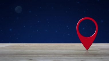 Fantezi gece gökyüzü ve ay üzerinde ahşap masa üzerinde Harita pin noktası konumu düğmesi, Harita işaretçisi navigasyon kavramı
