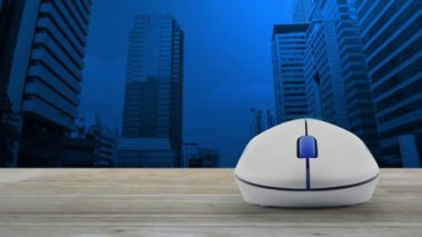 Modern ofis şehir kulesi ve gökdelen üzerinde ahşap masa üzerinde kablosuz bilgisayar fare ile Taksi araba düz simgesi, İş taşıma hizmeti online kavram