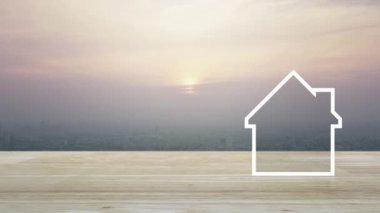 Gün batımında cityscape havadan görünümü üzerinde ahşap masa üzerinde kopya alanı ile House düz simgesi, vintage tarzı, İş gayrimenkul kavramı