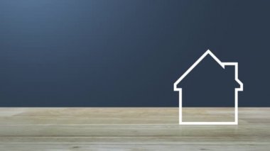 Açık mavi degrade arka plan üzerinde ahşap masa üzerinde kopya alanı ile House düz simge, İş gayrimenkul kavramı