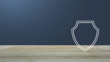 Güvenlik kalkanı ahşap masa üzerine açık mavi degrade renkli, teknoloji Internet cyber security ve anti virüs kavramı üzerindeki onay işareti düz simgesiyle