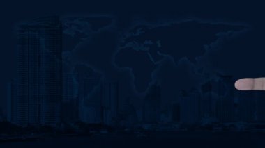 Dünya haritası üzerinde parmak harita pin noktası konumu düğmesi, modern şehir kulesi ve gökdelen, Teknoloji haritası işaretçi navigasyon online kavram, Nasa tarafından döşenmiş bu görüntünün elemanları