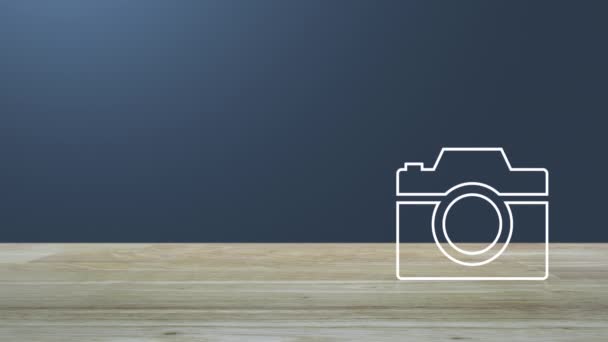木桌上的相机平面图标在浅蓝色渐变背景 商务相机服务店概念 — 图库视频影像