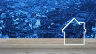 Modern şehir kulesi, sokak, otoyol ve gökdelen, İş gayrimenkul kavramı nın havadan görünümü üzerinde ahşap masa üzerinde kopya alanı ile House düz simge