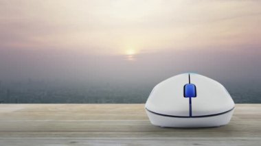 Modern şehir kulesinin üzerinde kablosuz bilgisayar faresi ve günbatımında gökdelen olan motosiklet düz simgesi, klasik tarz, iş teslimatı online konsepti