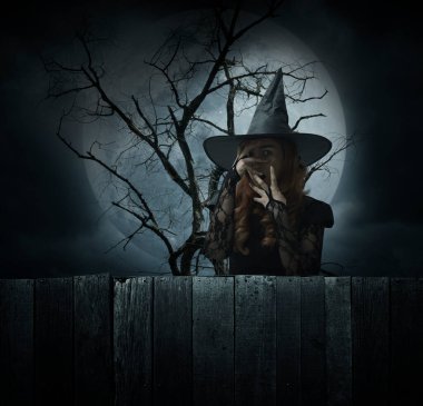 Ölü ağacın üzerinde duran korkunç cadılar bayramı cadısı dolunay ve bulutlu gökyüzü, Cadılar Bayramı gizemi kavramı.