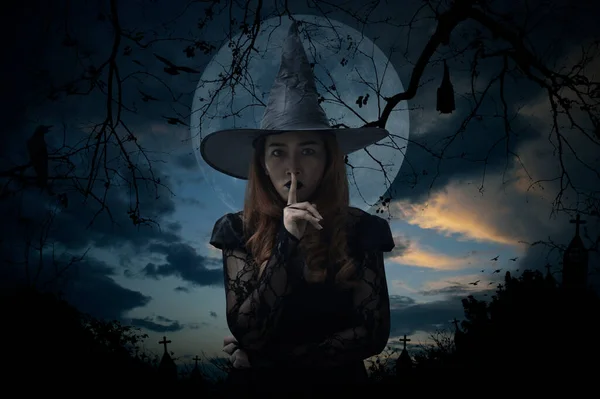 Halloween Witch Showing Silence Sign Finger Standing Cross Church Crow — Stock Photo, Image