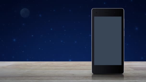 现代智能手机与在线购物商店图形和木桌上的开放标志在幻想的夜空和月亮 商务互联网商店的在线概念 — 图库视频影像