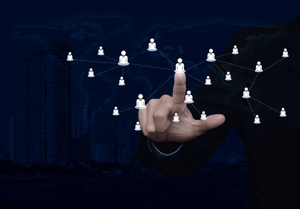 Hand click businessman flat icon with connection line over world map, modern city tower and skyscraper, Business communication concept, Elements of this image furnished by NASA