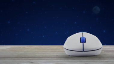 24 saat düz ikon aç kablosuz bilgisayar faresi ile ahşap masa üzerinde fantezi gece gökyüzü ve ay üzerinde, iş tam zamanlı servis kavramı online konsepti