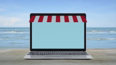 Çevrimiçi alışveriş mağazası grafikli ve açık tabelalı modern dizüstü bilgisayar tropikal deniz ve mavi gökyüzü üzerinde beyaz bulutlu, iş dünyası internet mağazası konsepti
