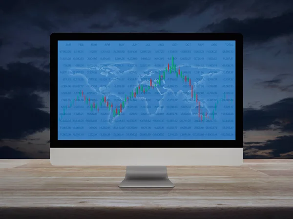 日没の空の上に木製のテーブルの上の近代的なコンピュータモニタ画面上の世界地図やグラフと株式市場の取引グラフ ビジネス投資オンラインコンセプト Nasaによって提供されるこの画像の要素 — ストック写真