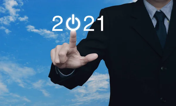 2021 압박하는 사업가는 위에서 구름으로 비즈니스 아이콘을 — 스톡 사진