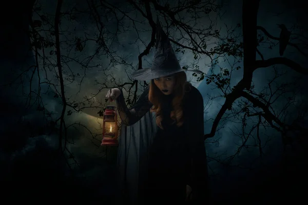 死んだ木 カラス 満月と不気味な曇りの空 ハロウィーンの謎の概念の上に立っている古代のランプを保持するハロウィーンの魔女 — ストック写真