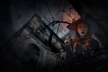 Cadılar Bayramı cadısı sihirli değnek tutuyor grunge kale, ölü ağaç, kuş sineği, dolunay ve bulutlu gökyüzü, Cadılar Bayramı gizemi kavramı