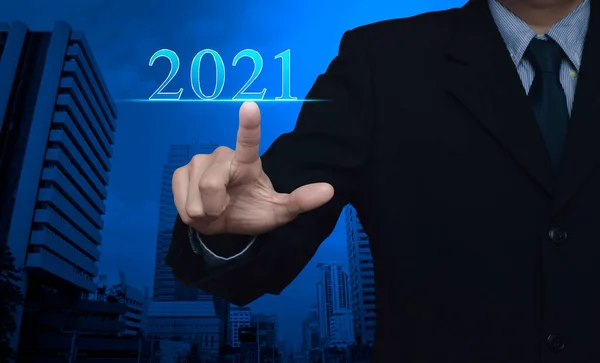 Businessman Pressing 2021 Text Modern Office City Tower Skyscraper Happy — Stock Photo, Image