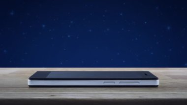 Modern akıllı cep telefonu ekranına düz simge yükle fantezi gece gökyüzü ve ay üzerine ahşap masa, teknoloji internet konsepti