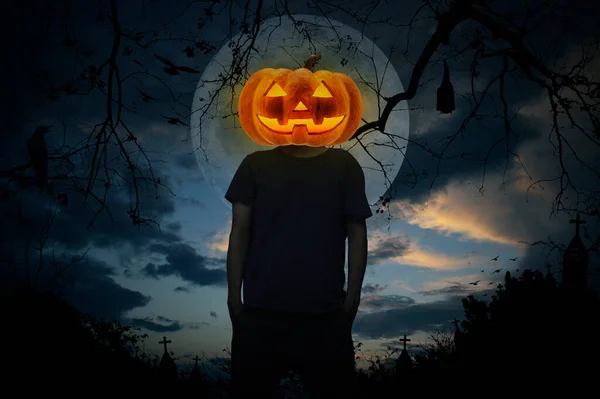 Pumpkin Monster Head Man Body Standing Cross Church Crow Bat — Stock fotografie