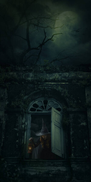 Halloween witch holding ancient lamp standing over ancient castle window, full moon with spooky cloudy sky, Halloween mystery concept
