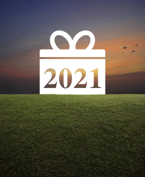 Hediye Kutusu Mutlu Yeni Yıl 2021 Düz Ikonu Günbatımı Gökyüzünde — Stok fotoğraf