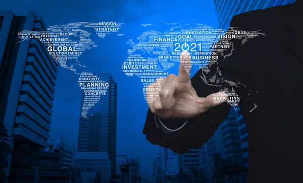Businessman Pressing 2021 Start Business Flat Icon Global Words World — Stock Photo, Image