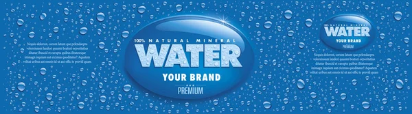 Etiqueta Embalaje Agua Con Muchas Gotas Agua Sobre Fondo Azul — Vector de stock
