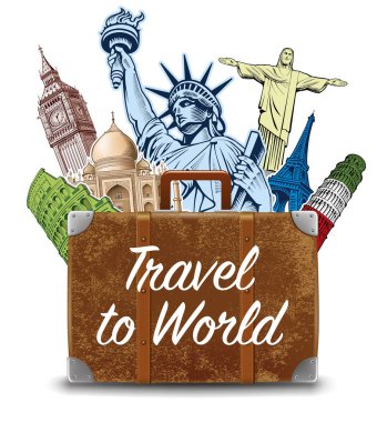 seyahat yerler ünlü placesnyc, Londra Big Ben, çantayla Roma Kolezyum, Paris-Eyfel Kulesi, Rio de Janeiro-İsa heykeli, Nyc-özgürlük heykeli