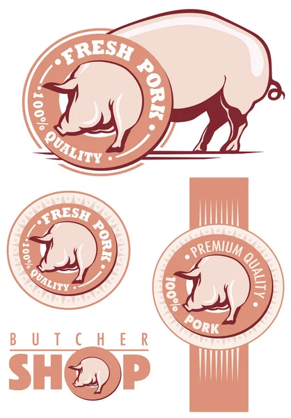 Etiquetas Cerdo Frescas Con Ilustración Cerdo — Vector de stock