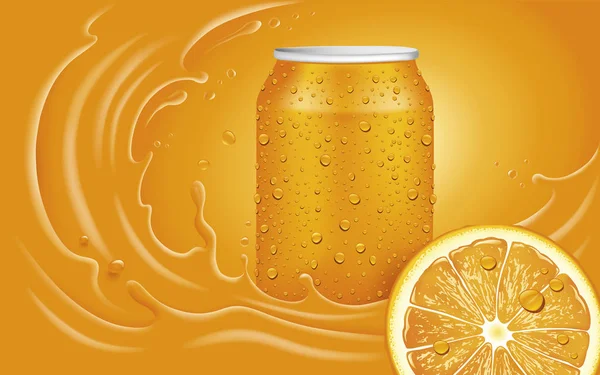 Orangensaftdose Scheibe Und Orangenspritzer Mit Vielen Safttropfen — Stockvektor
