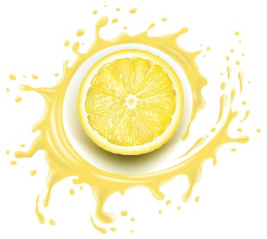Sarı limon dilimi ve sıçrama ile birçok suyu damla