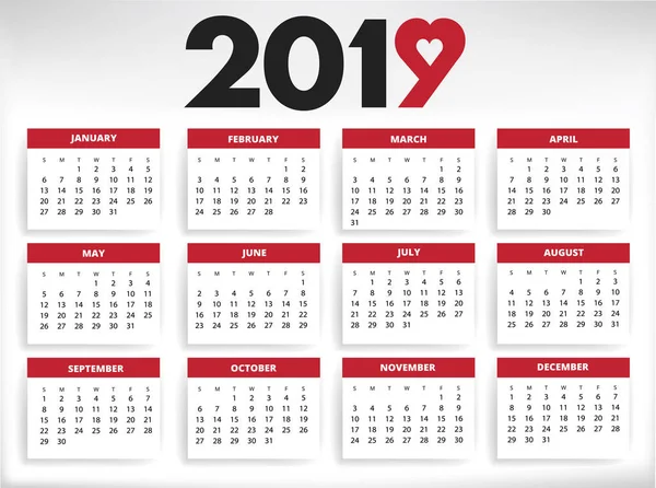 Calendario 2019 Todo Año Meses Días Con Forma Corazón Número — Archivo Imágenes Vectoriales